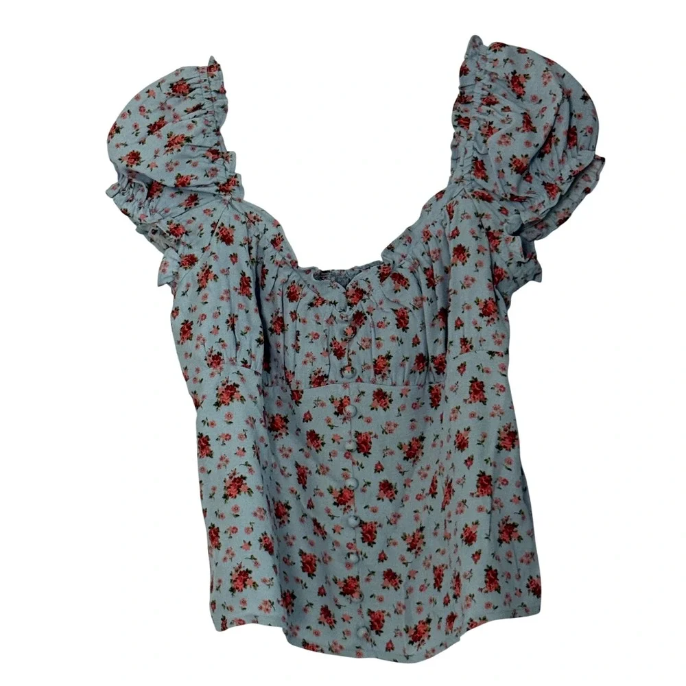 Reformation Bev Top in Petunia  Blue Floral Puff Sleeve Smocked Sweetheart - 8